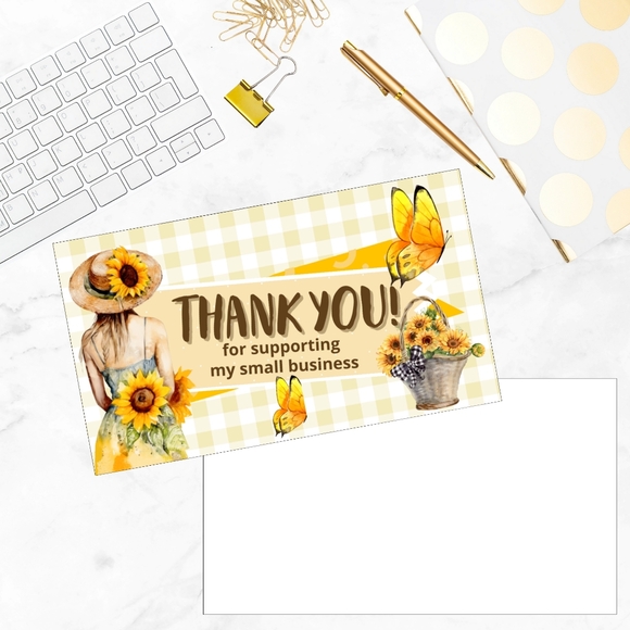60 Thank You Cards Small Business Packaging Inserts  Glossy Finish Sunflowers - Picture 2 of 6